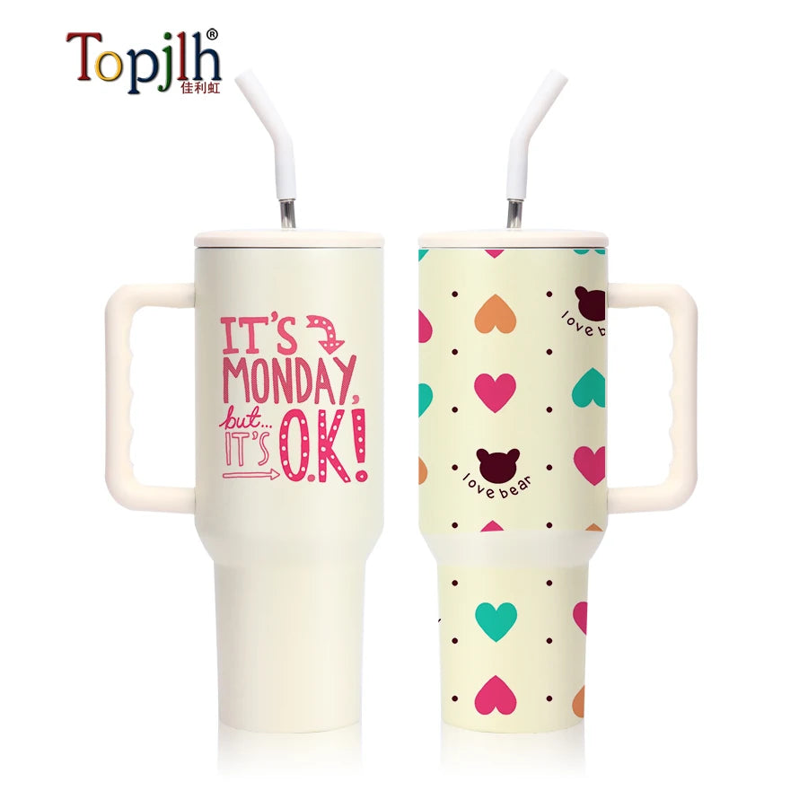 Topjlh 40oz Insulated Tumbler Handle Matte Stainless Steel Travel Cups Sublimation Tumblers Blanks Coated Water Bottle