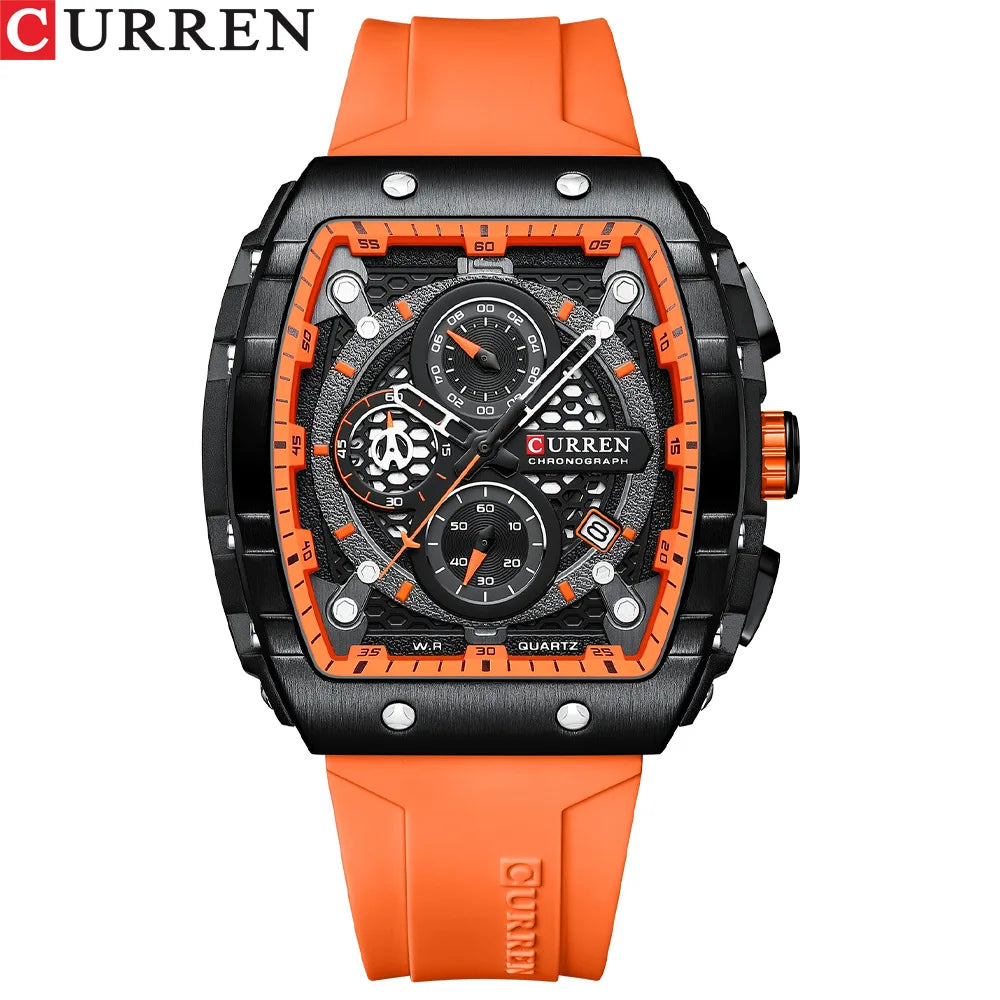 New CURREN 8442 Fashion Sports Watches Square Hollow Design Quartz Wristwatches Chronograph Auto Date Watch