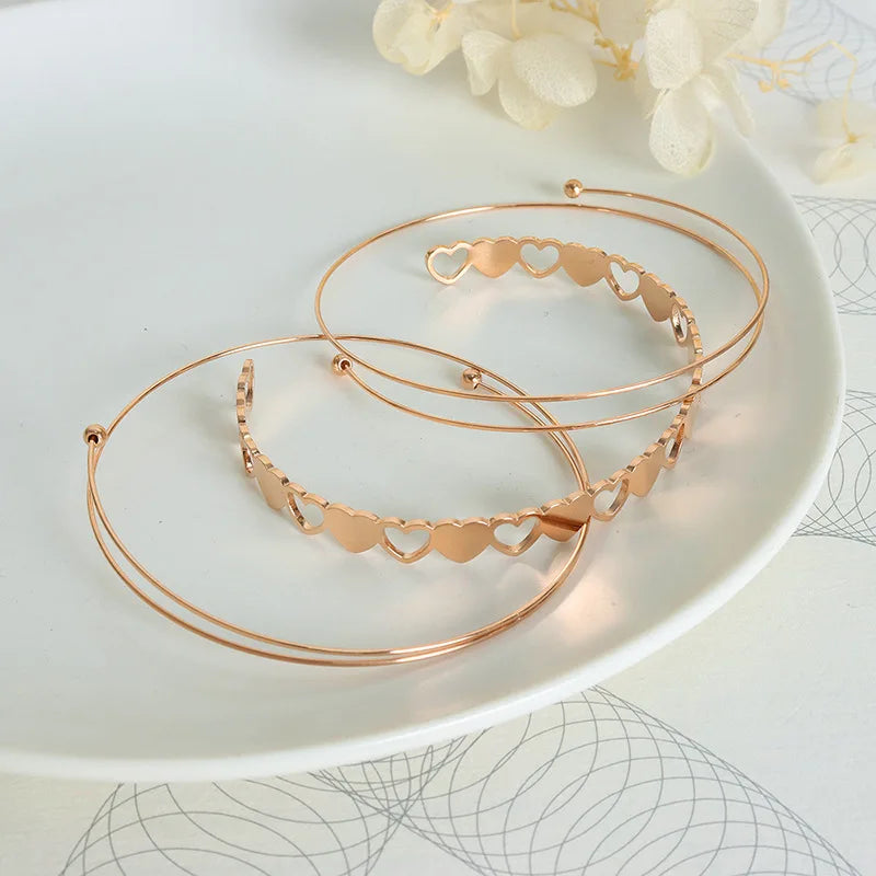 Elegant Luxury Style Adjustable 18k Rose Gold Bracelet Heart Splice Design Stainless Steel Cuff Bracelet Pulseras Y Brazaletes