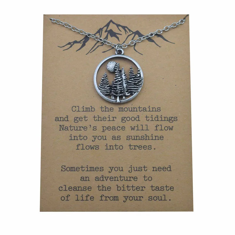 Classic Mountain Forest Pine Tree Necklace Under the Sun Camping Jewelry Zinc Alloy Link Chain Anniversary Gift