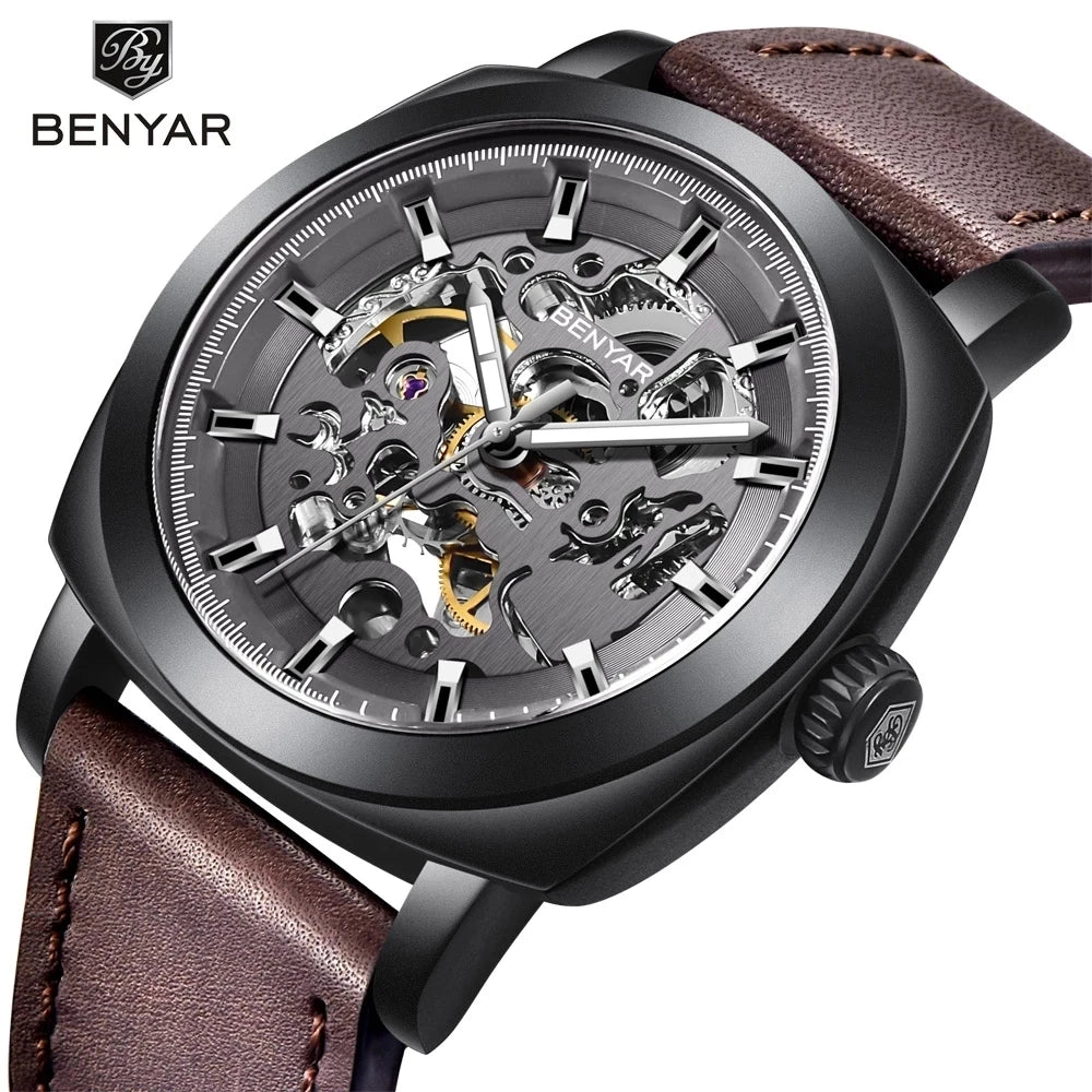 2021 Benyar 5121 Design Leather Machine Watch Men's Touring Water Waterproof Deluxe Sports Casual Male Time Wrist Clock