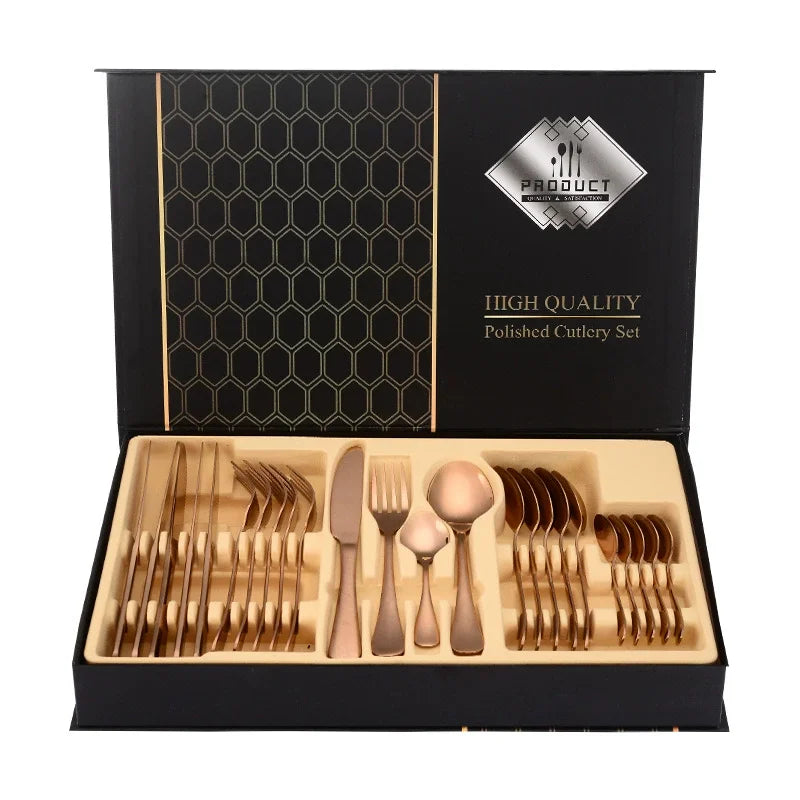 Wooden case Packing 1010 Series 24pc Stainless Steel Flatware Set With Craft Box Packaging for Wedding