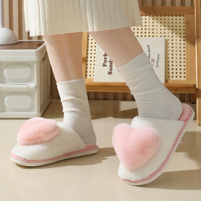 2024 Women Winter for Cute Faux Hair Soft Indoor Fur Fluffy Closed Toe TPR Outsole Anti-Slip Heart Warm Plush