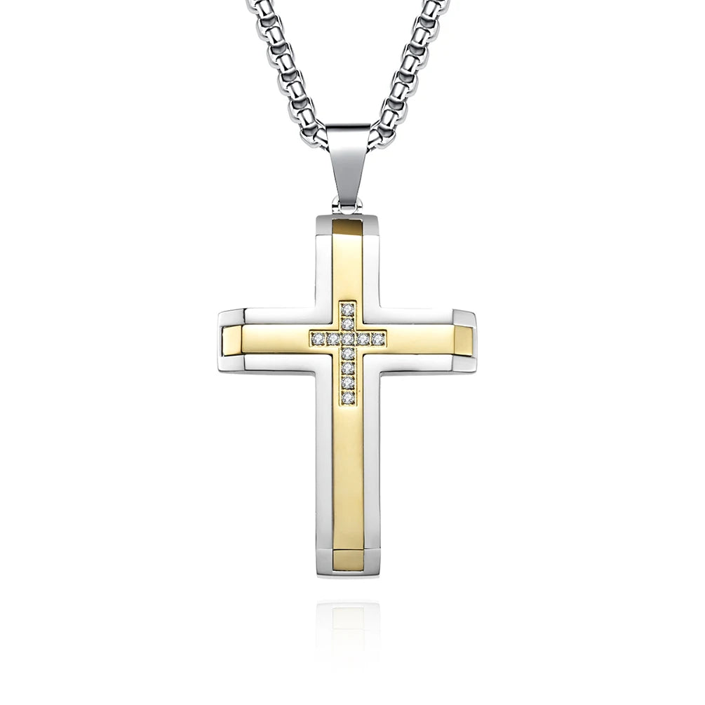 Alin Summer Hot Wholesale Vintage Senior Stainless Steel Men's Religious Zircon Cross Pendant Necklace
