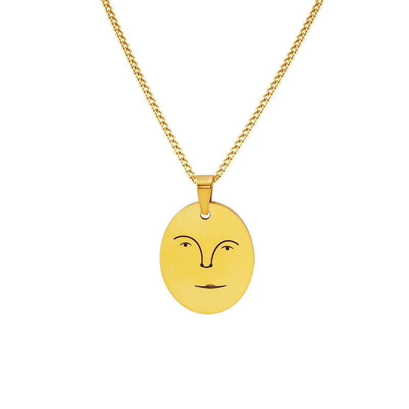 New Ins Code Wind Style Women Creative Round Smile Face Pendant Stainless Steel Women Necklace for Gift