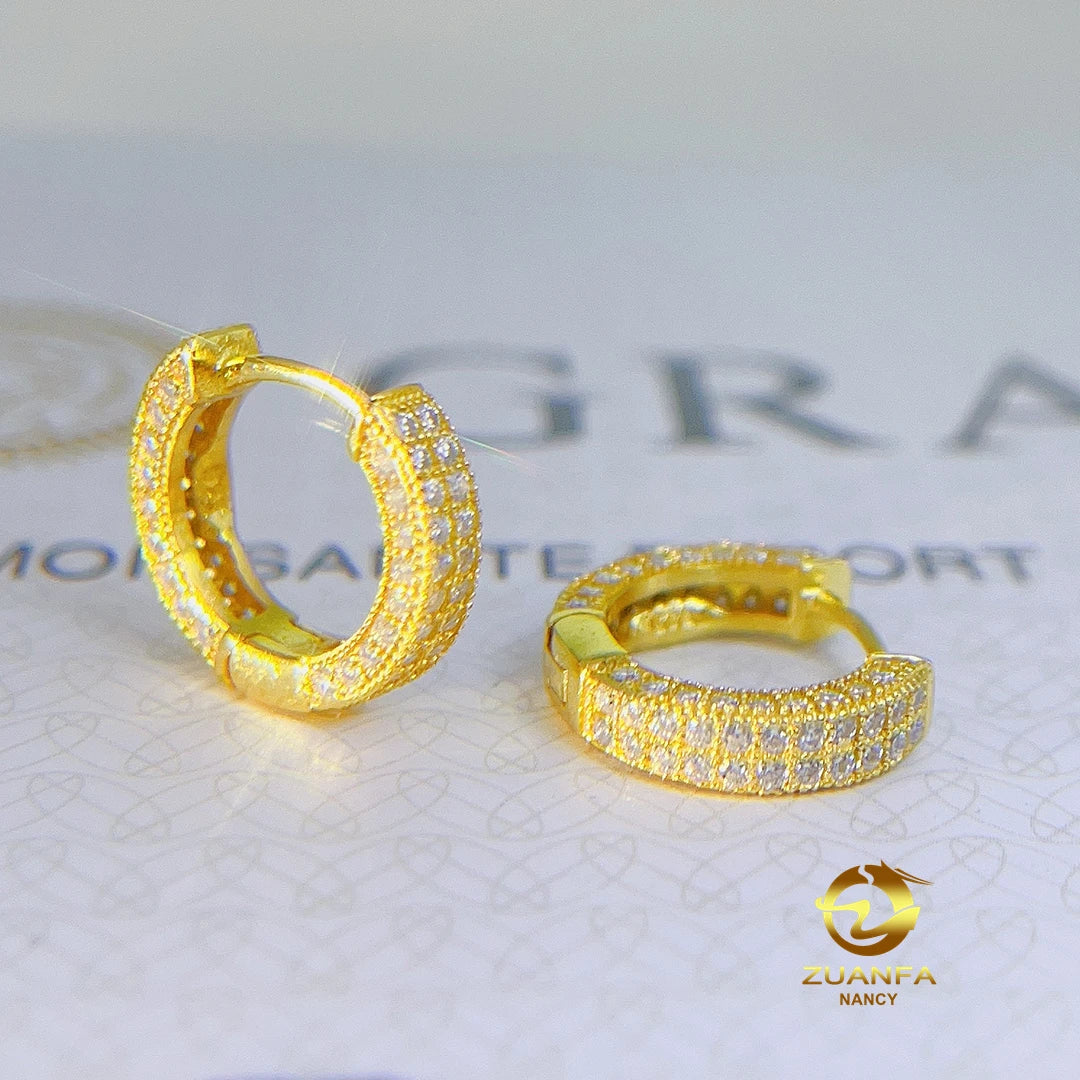 Fashion Hot Selling Hip Hop 2 Rows Iced Out Moissanite Diamond Gold Plated 925 Sterling Silver Hoop Earrings