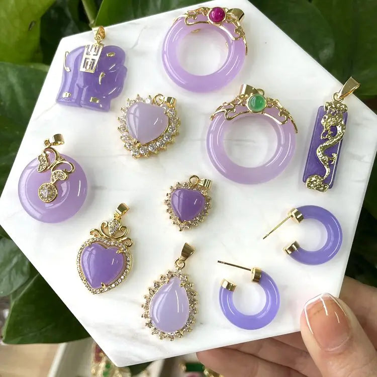2021 Ins Fashion Women Lavender Jade Earrings Pendant Chinese Agate Circle Jade Gold Pendant Necklace