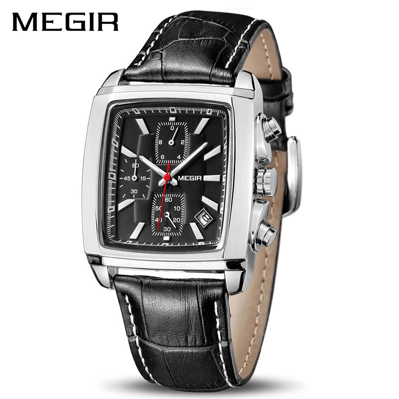 2022 MEGIR 2028  Men Luxury Rectangle Quartz Watches Waterproof Luminous Leather Wristwatch Men Clock