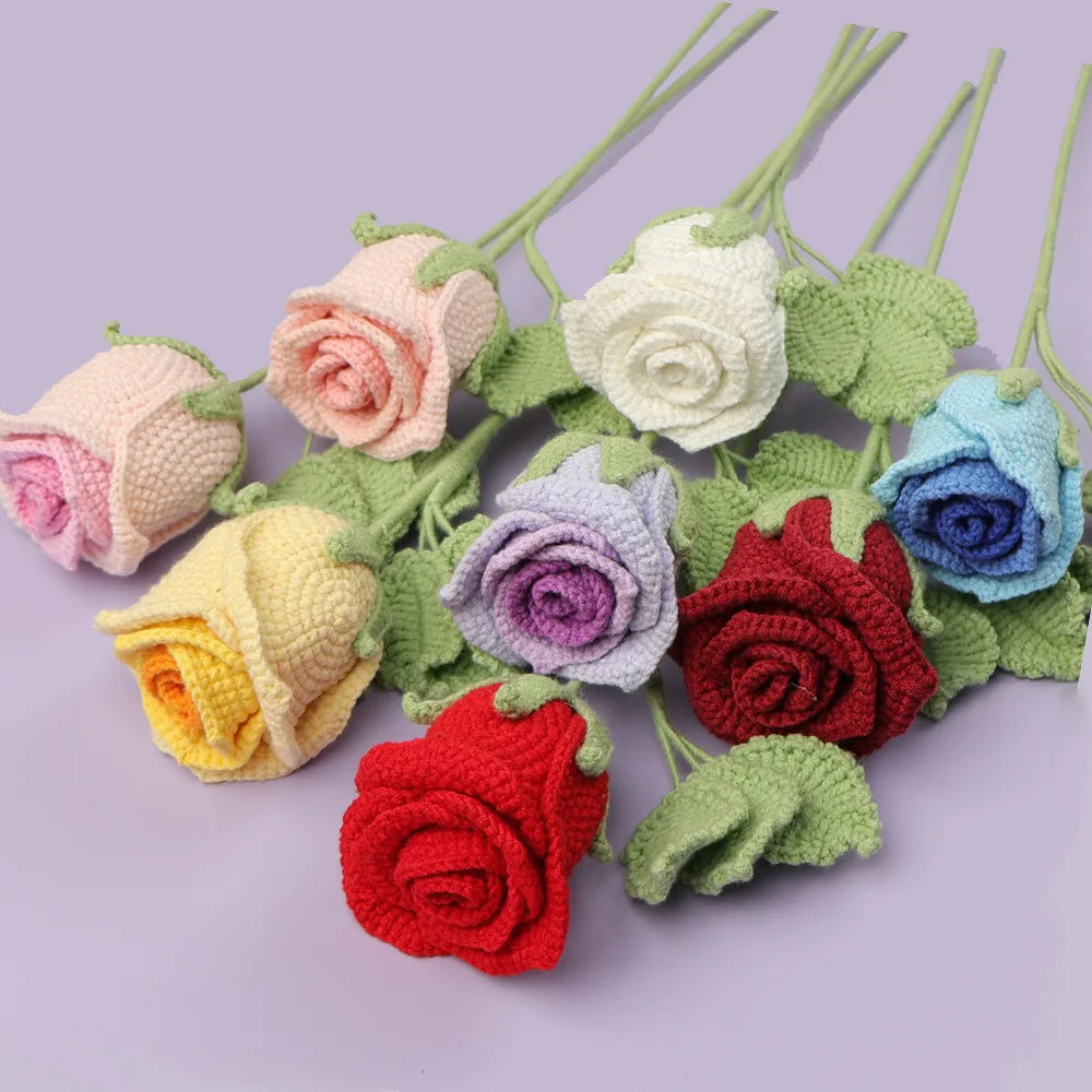 O-C007 Large Single Stem Crochet Rose Flower Handmade Artificial Knitted Hook Crochet Rose for Teacher's Day Graduation Gifts