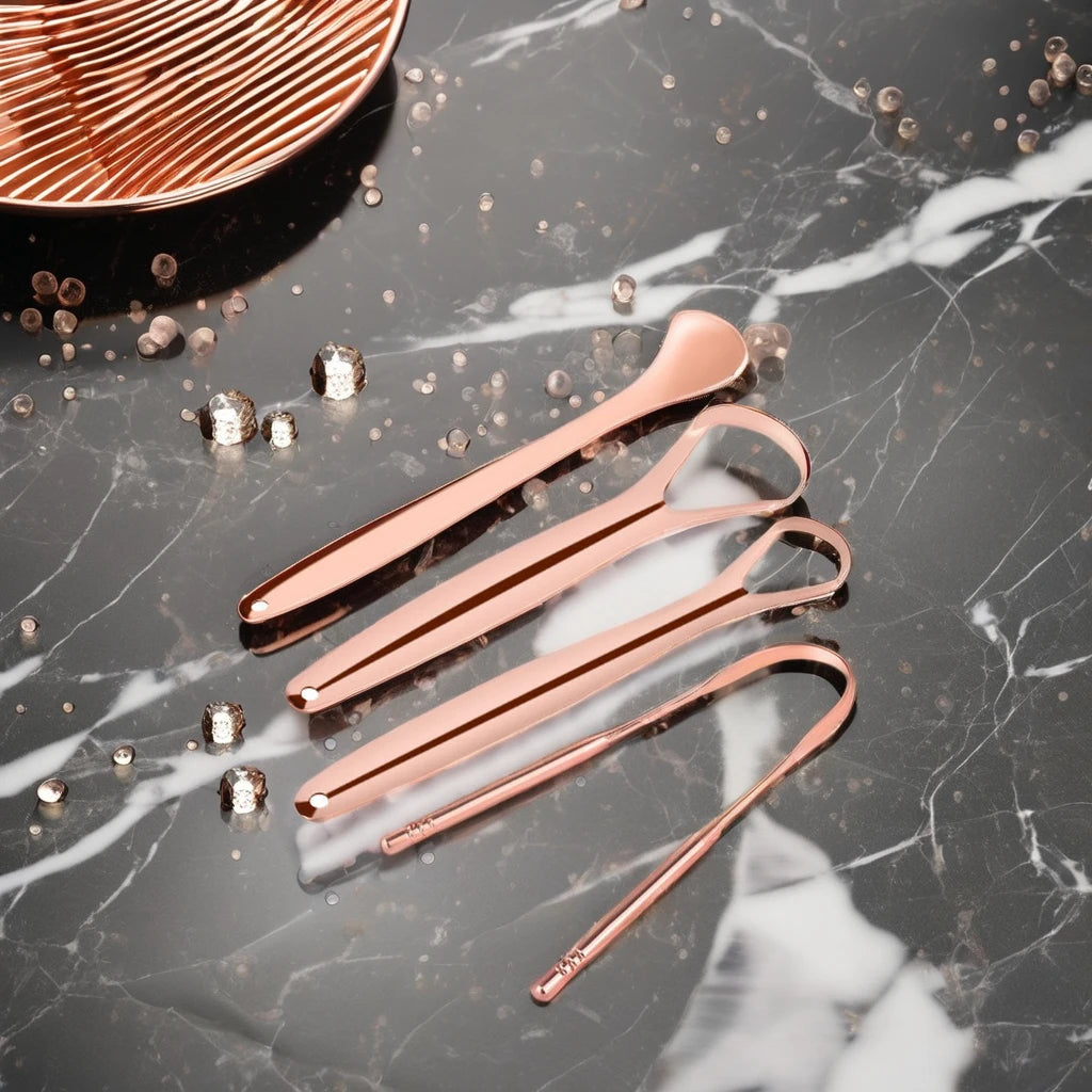 Wholesale Stainless Steel Tongue Scraper Cleaner Set Custom Logo Rose Gold Copper Metal Functional for Tongue Cleaning