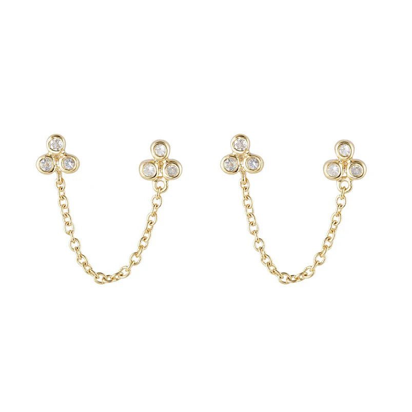 Fashion Sterling Silver 14k Gold Plated Bezel Trio Diamond Stud Italian Chain Earrings