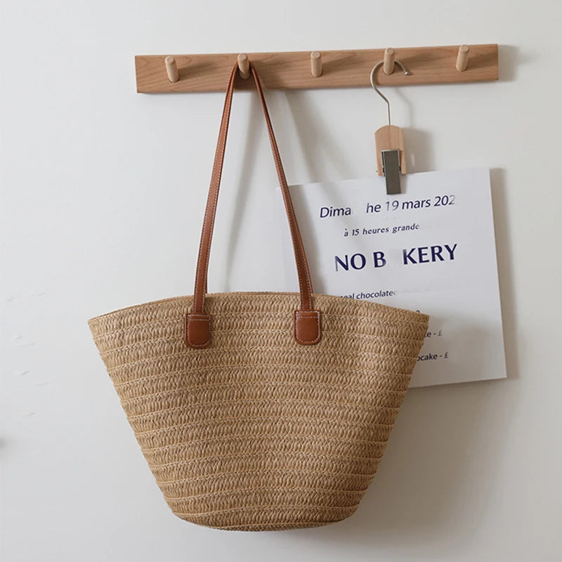 Simple Shoulder Straw Bag New Large Capacity Straw Bag Woven Bag Tote Women Seaside Vacation