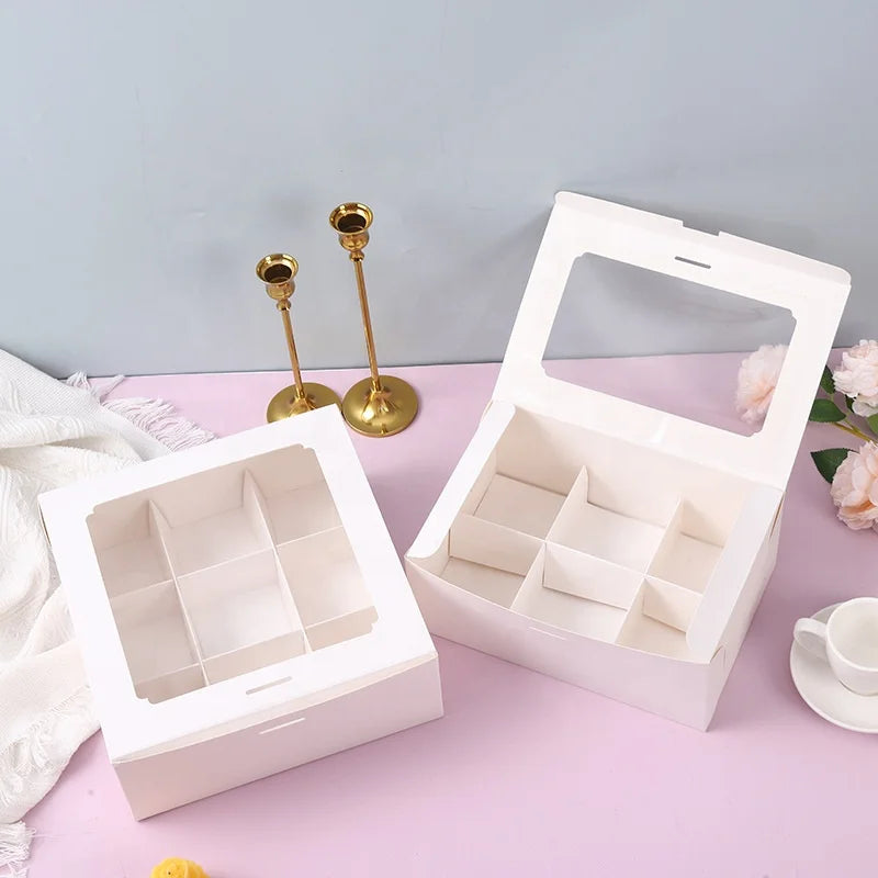 BECAN Hot-sale Wholesale Moon Puff Cookie Macarons Cupcake Dessert White Transparent Box 6 Dividers Cake Box