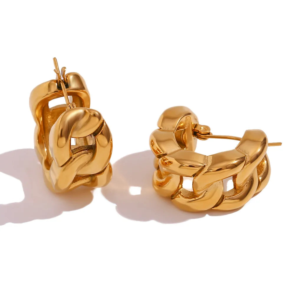 Fashion Jewelry 18K God Plated Chunky Hollowed Chain Design Waterproof Earrings