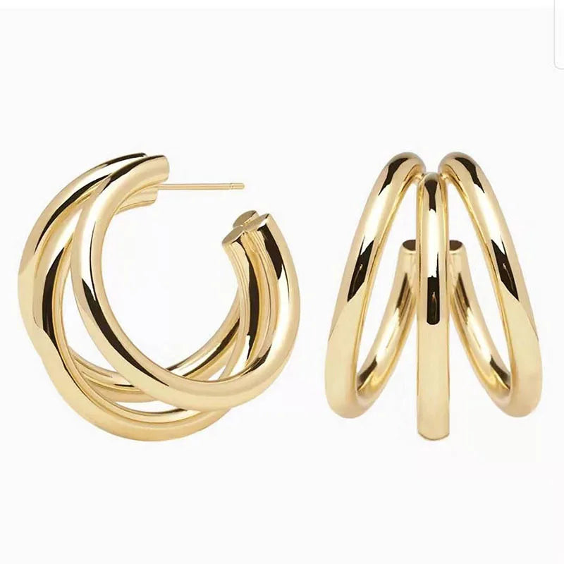 New Trendy Earring 18K Gold Plated Three Circle Bend Hoop Earrings for Women Stainless Steel Earrings Wholesale