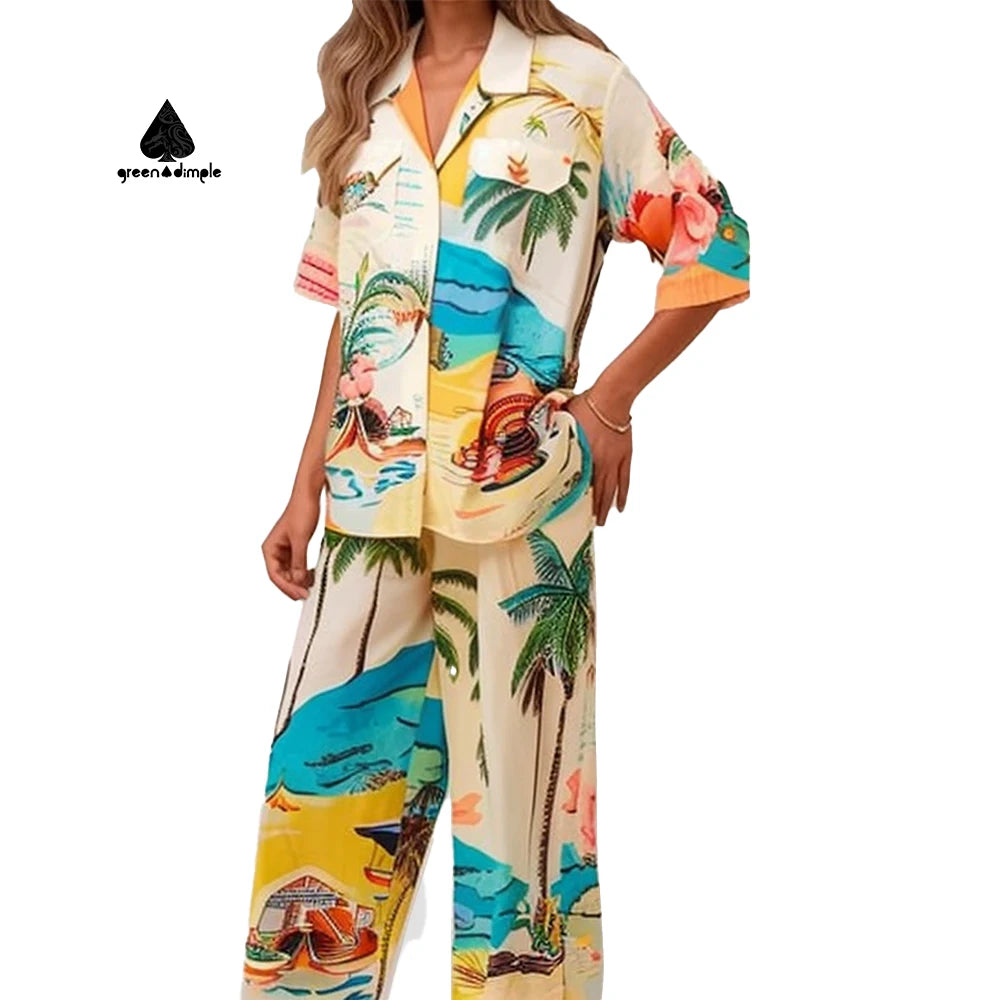 Clothing Manufacturer Hawaii Beach Vacation Floral Shirt and Pant Set Long Sleeve Shirt Pants Women Casual 2Pcs Suit
