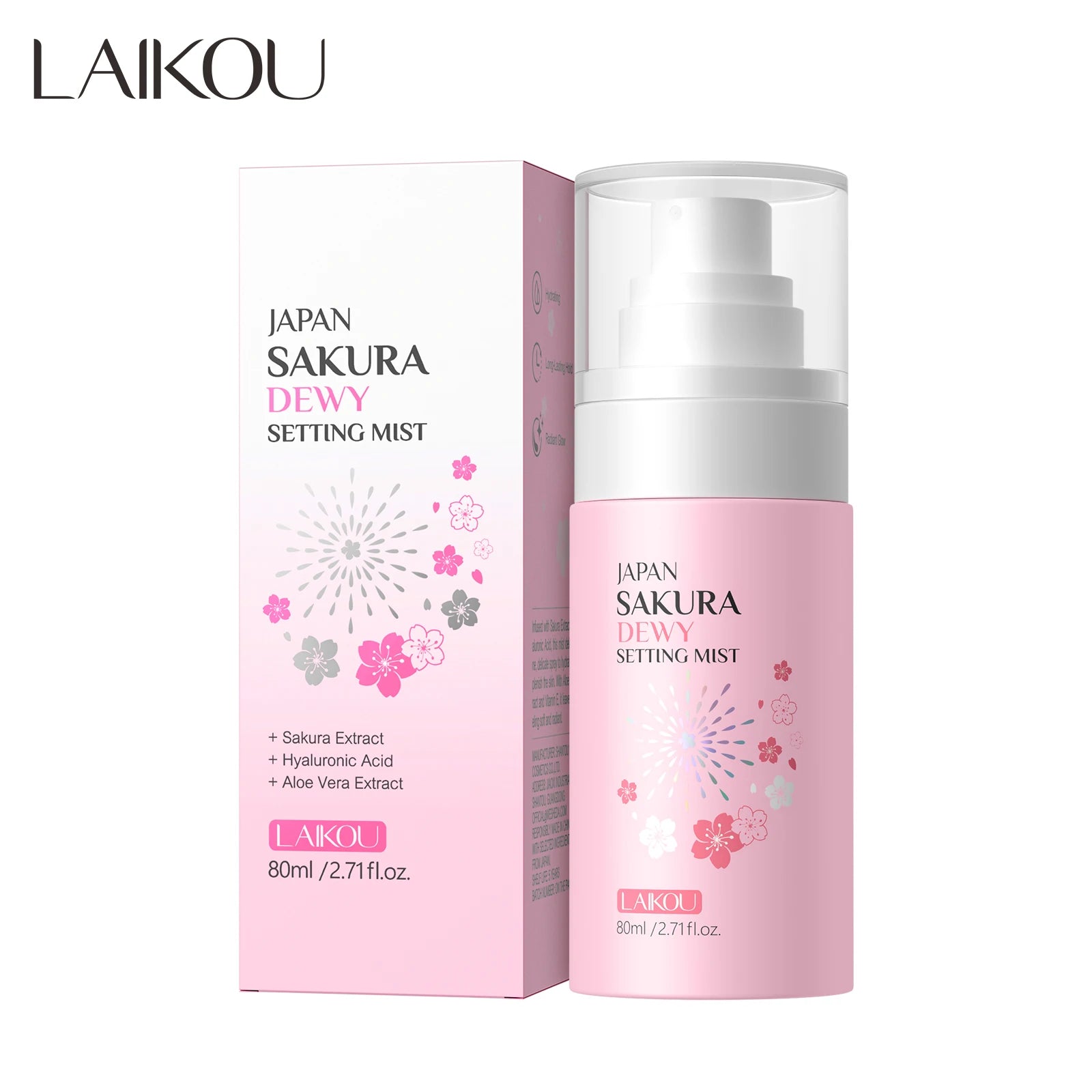LAIKOU Wholesale Cosmetics Private Label Japan Sakura Dewy Setting Mist Spray Long Lasting Makeup Hydrating Radiant Glow Toner