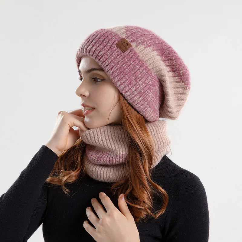 Two Color Custom Winter Scarf Hat Gloves Beanie Set Thick Warm Ear protection Neck Two Piece Knitted Hat Set