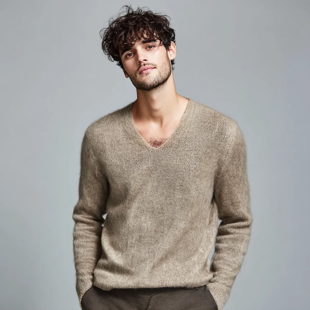 Men's Classic Vintage Mohair V-Neck Sweater Soft Stylish XXL Knit Pullover Casual Fashion Top Print Decoration Custom Knitwear