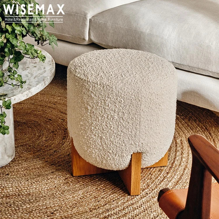 WISEMAX FURNITURE Nordic Style Round Ottoman Stool Velvet Fabric Wooden Legs for Living Room Accent Leisure Stool