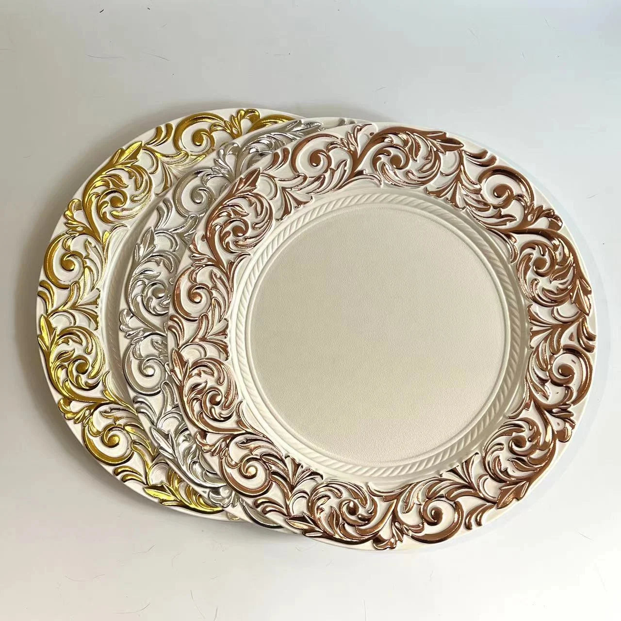 Multicolor Round Heavy Duty 3d Vintage Lace Spray Paint Hot Stamping Fruit Bowl Tray Decorative Wedding Charger Plates