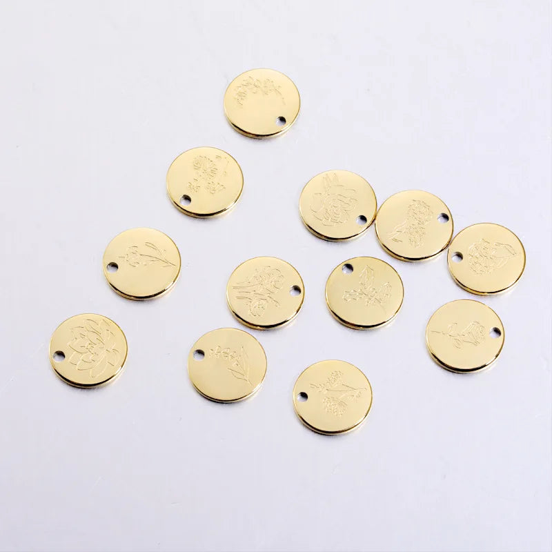 Birth Month DIY Stainless Steel Minimal Pendant Round Oval Disc Gold Laser Engraved Charm Birth Flower Necklace Bracelet