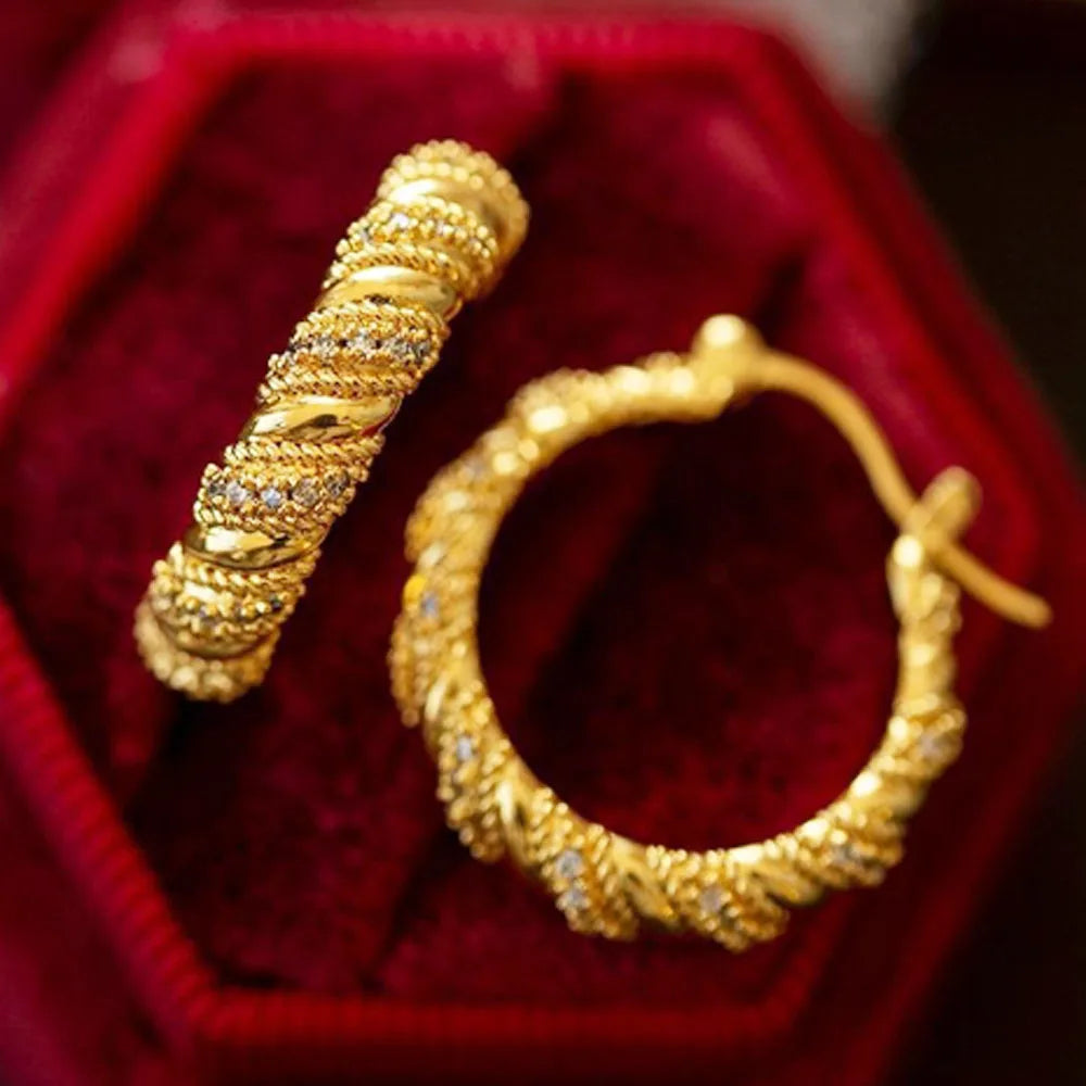 Waterproof Stainless Steel Gold Plate Twist Hoop Huggie Hoop Zircon Diamond Beads Paving Earring 2.5cm Accessory