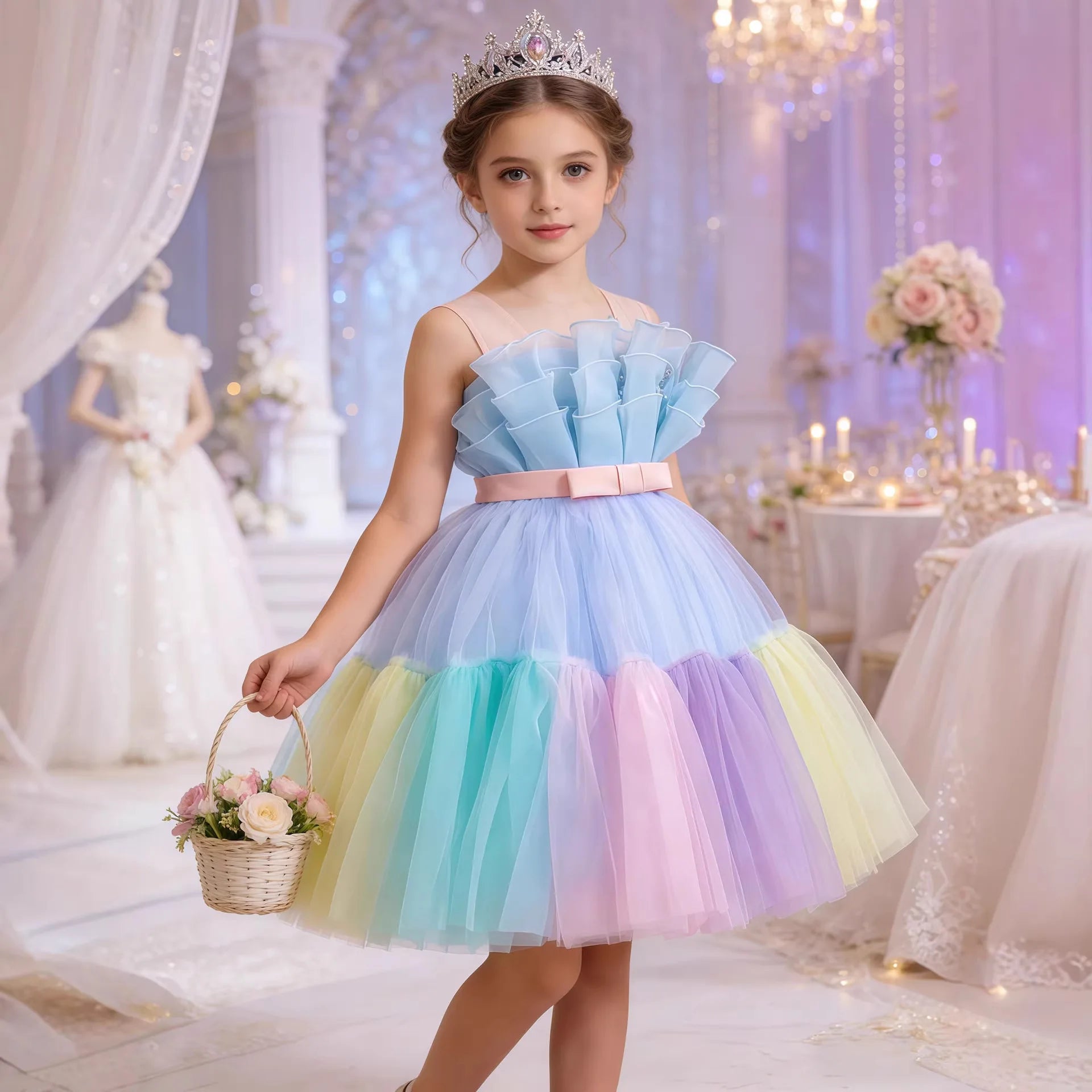 Elegant Style Fluffy Mesh Dresses for Girls of 10 Year Old Colorful Children's Princess Party Dress  Flower Girl Wedding Dress