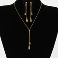 Hot Sale 18K Gold Plated Women's Stainless Steel Jewelry Set Drawable Long Water Drop Pendant Necklace and Earrings