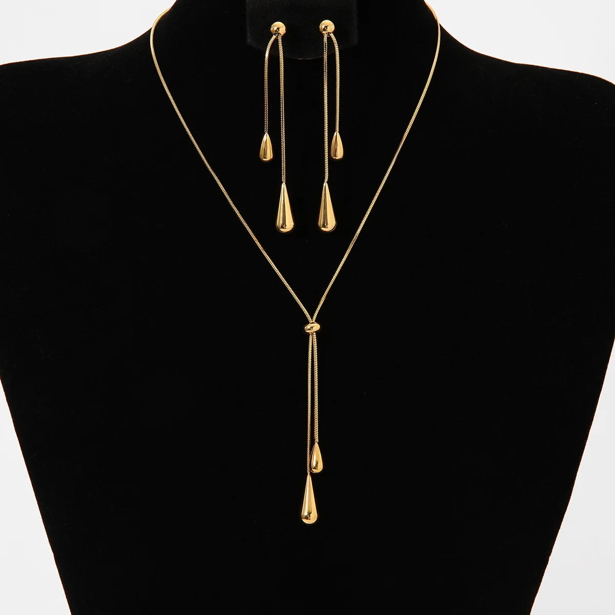 Hot Sale 18K Gold Plated Women's Stainless Steel Jewelry Set Drawable Long Water Drop Pendant Necklace and Earrings