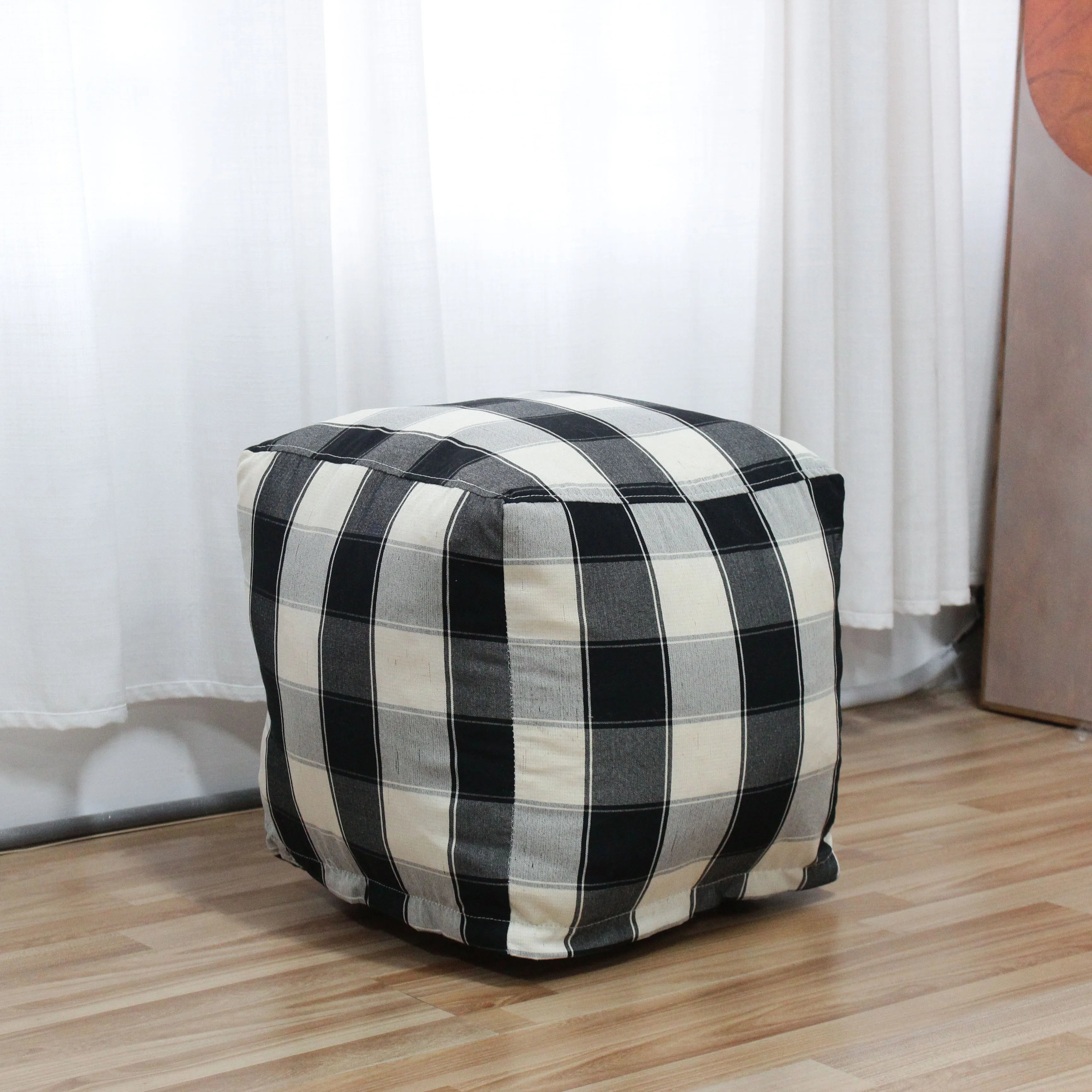 Custom Printed Lazy Sofa Chair Black and White Checkered Soft Comfort Living Room Bedroom Makeup Stool Sofa Square Stool
