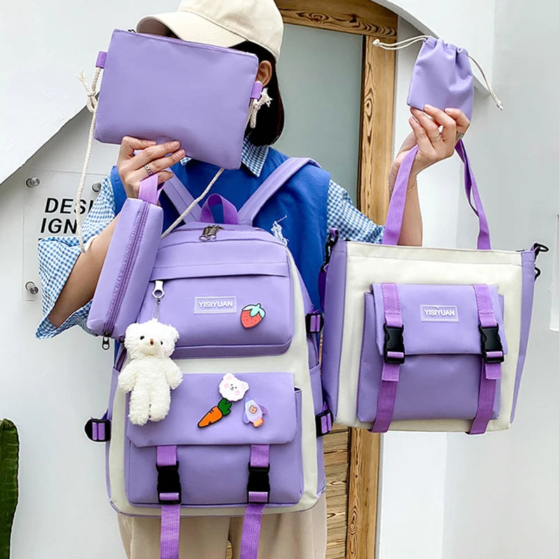 Large Capacity Canvas Backpack Women's Dual Shoulder Bag Student Bookbag Five-Piece Set Middle School Backpack Korean Version