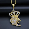 New Punk Fashion Hiphop Jewelry Zircon lion Head Crown Stainless Steel Pendant Necklaces