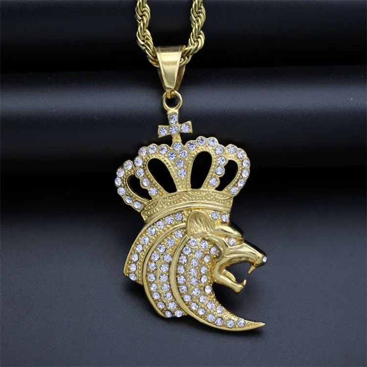 New Punk Fashion Hiphop Jewelry Zircon lion Head Crown Stainless Steel Pendant Necklaces