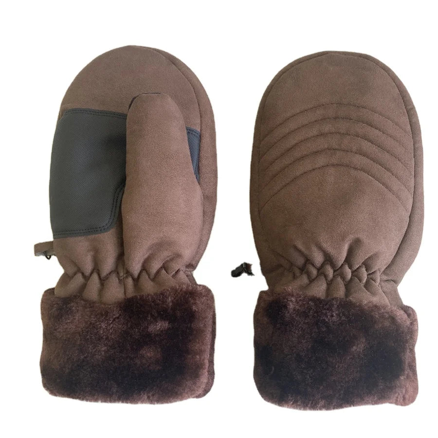 Sample Support Adjustable Strap Winter Windproof Faux Fur Ski Gloves Suede Fabric Snowboard Mittens for Outdoor Sports Skiing