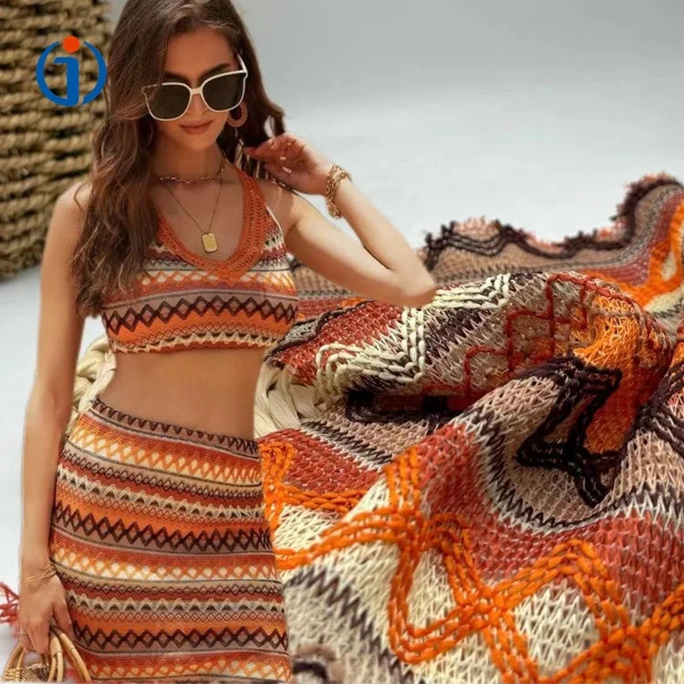 Fashion New Design Multiple Colors Polyester Crochet 100% Polyester Warp Wave Crochet Knit Rainbow Jacquard Fabric