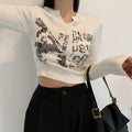 Long Sleeve Cropped Top Grunge Clothes Vintage Letter T-shirt Aesthetic Clothes Korean Style Chic Slim Autumn Top Streetwear