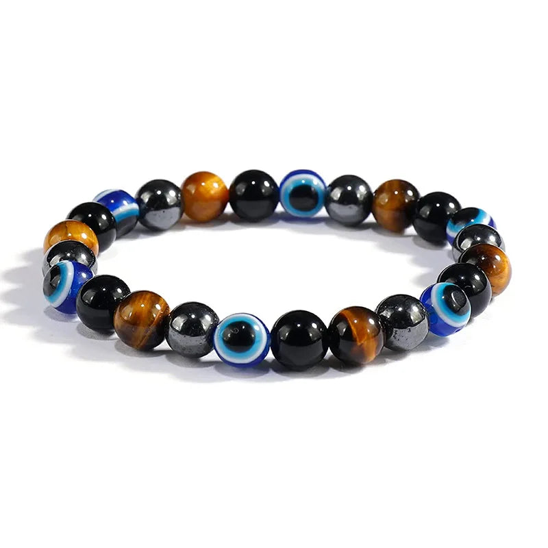 Tiger Eye Hematite Obsidian Triple Protection Evil Eye Bracelet for Men
