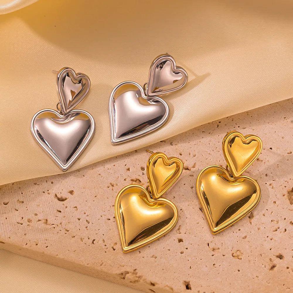 Valentines Day Hypoallergenic Love Heart Pendant Earrings Real 18k Gold Plated Stainless Steel Double Heart Earrings