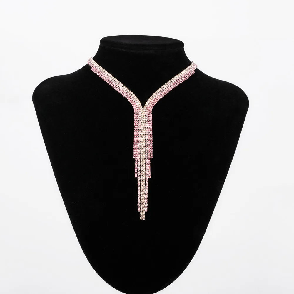 Women's New Fashion Silver-Plated Y-Shape Charm Necklace Long Tassel Rhinestone Color Grading Claw Setting Engagement Gift