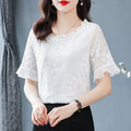 2024 Women White Lace Elegant Blouse Shirt Short Sleeve Women Blusas Mujer De Moda Blouses Femme Women Tops