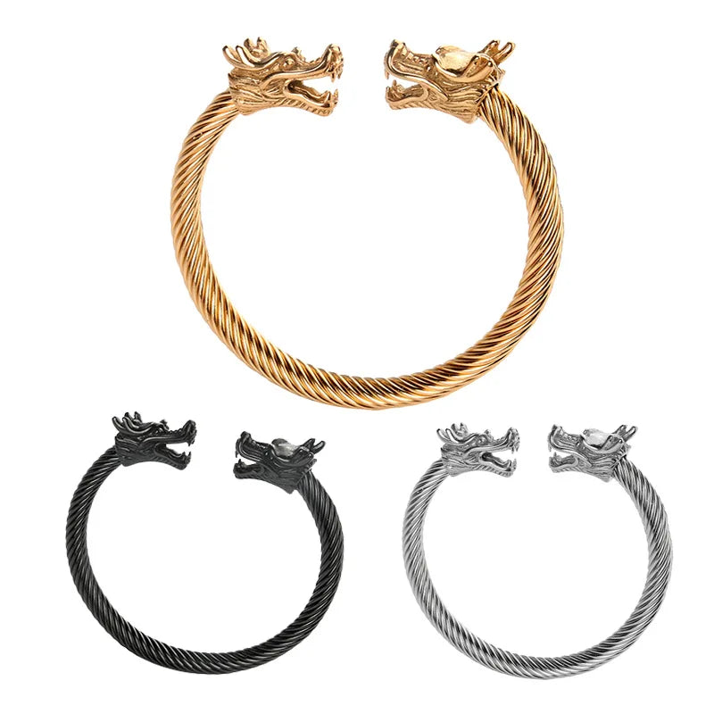 Punk Jewelry 18K Gold Plated Dragon Cuff Bracelet Stainless Steel Double Dragon Heads Bangle Bracelet for Men Gift
