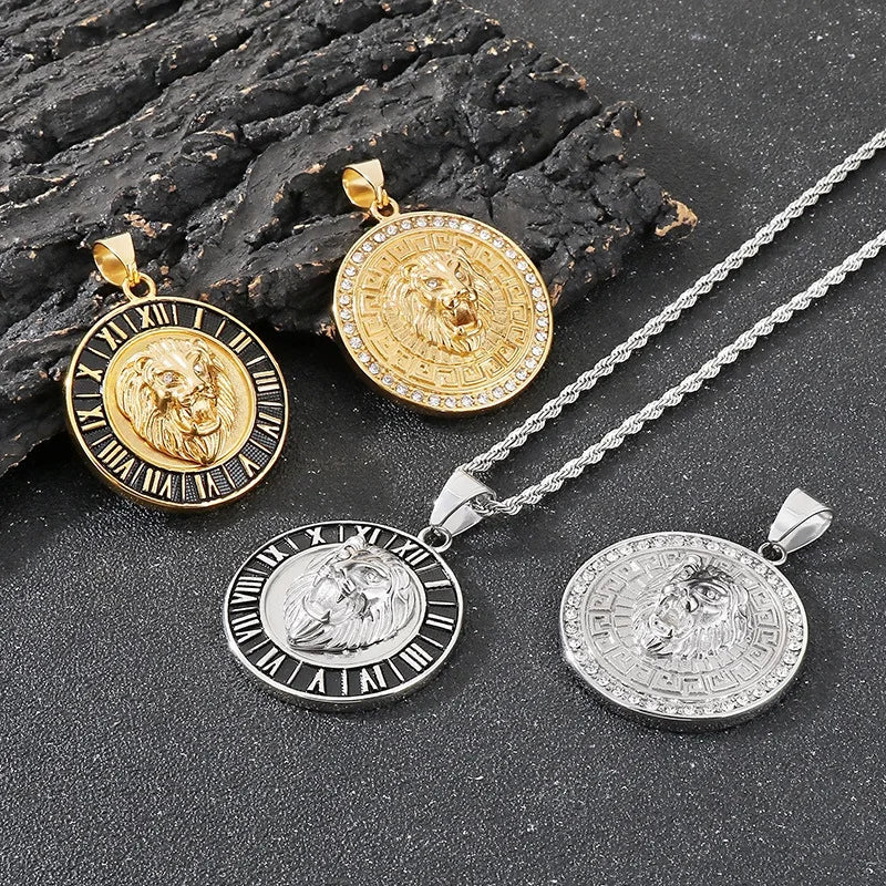 Hot Selling Hiphop Jewelry 18k Gold Plated Stainless Steel Lion Head CZ Round Pendant Religious Gifts Necklace Accessories