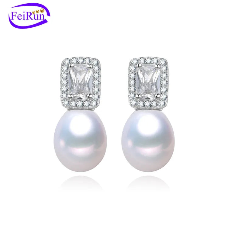FEIRUN Hot Sale Design 8mm Drop 925 Silver Natural Freshwater Pearl Elegant Earrings for Women 2021