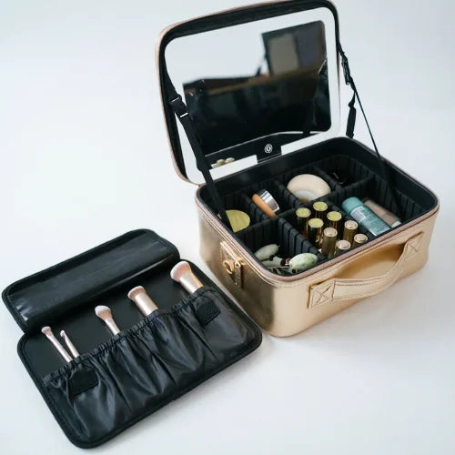 Portable Travel PU Leather Makeup Bag With Mirror and LED Lights Custom Large Capacity Rose Gold Cosmetic Bag with EVA Dividers