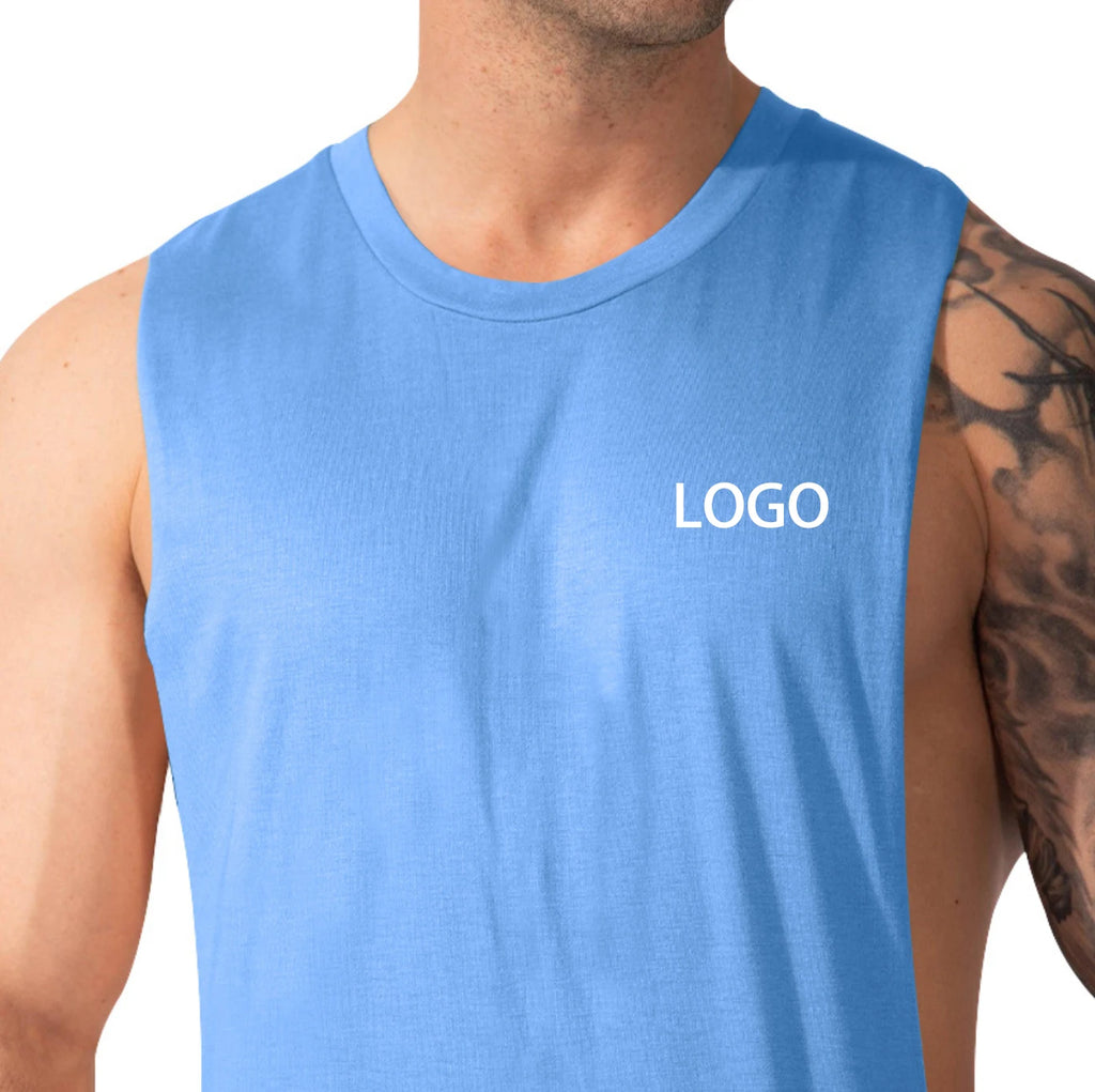 Customized Logo Men's Sporty Gym Shirt 100% Cotton Woven Fabric Quick Dry Breathable Deep Cut Armhole Vest Tank Top Sleeveless