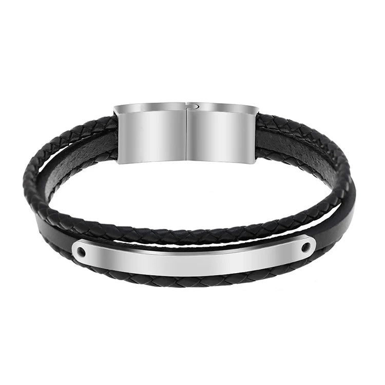 Fashion Accessory Braided Design Blank bar with Black Leather Bracelet Men Jewelry MegaBDM