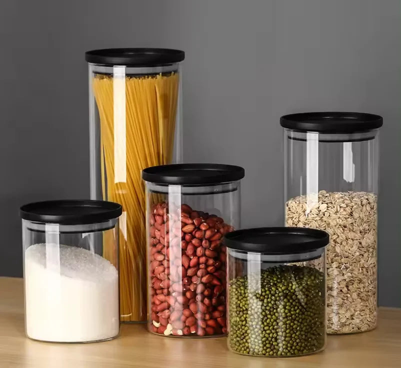 Stackable Kitchen Canisters Set Pack of 5 Clear Glass Food Storage Jars Containers Airtight Glass Food Jars with Airtight Lid