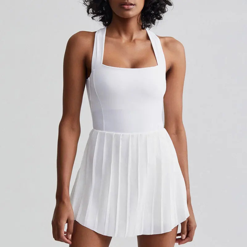 One Piece Soft Breathable Cross Back Women Tank Summer Golf Tennis Pleated Dress With Inside Shorts
