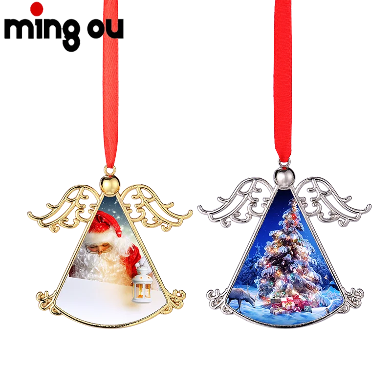 Mingou Wholesale Sublimation Blank Zinc Alloy Silver/Gold Angel Wing Christmas Tree Ornaments 70x70x3mm